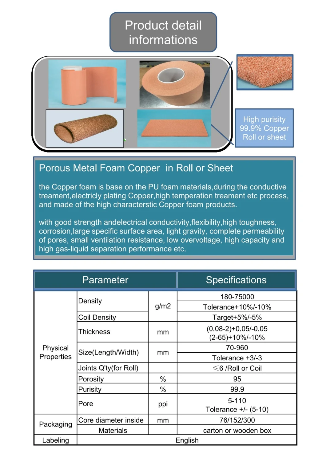 Metal Foam Copper, Cu Foam, L400mm*W400mm*T25mm